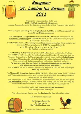 "Einladung der Orttsverine zur Lambertus Kirmes in Grafschaft Bengen 2011"